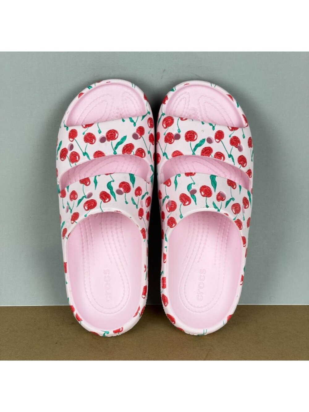 Crocs Pink Cherry Pattern Slide Sandals Womens 9 Pink Red Green Slip On - Picture 9 of 10